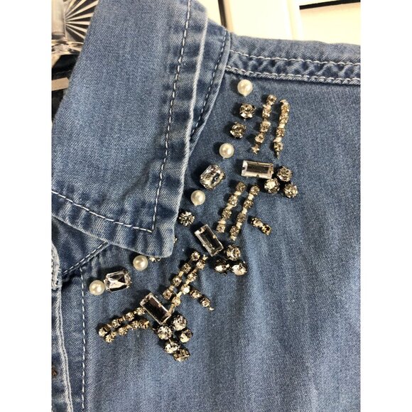 Jean Button Up  Size 10/12 Shirt Rhinestone Embellished Collar - Picture 3 of 7